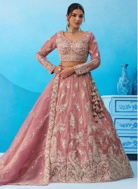 Tissue Designer Lehenga Choli with Embroidered Work for Women in Salmon