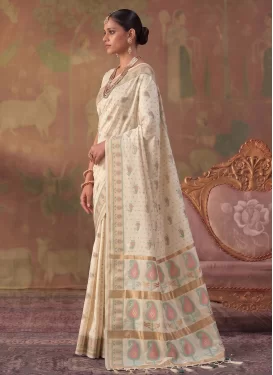 Off White Silk Blend Woven Work Classic Saree for Women