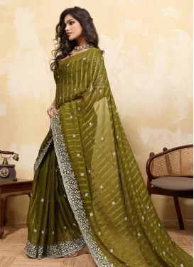 Embroidered Work Trendy Saree For Casual in Olive