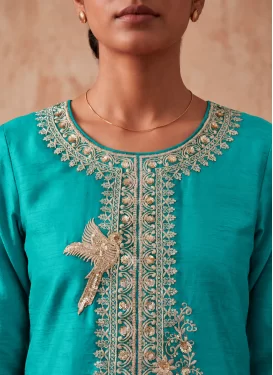 Embroidered Work Chinon Palazzo Suit in Turquoise for Party