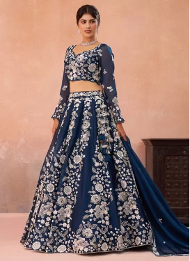 Embroidered Work Organza Trendy Lehenga Choli in Navy Blue for Women