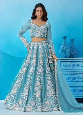 Embroidered Work Organza Trendy Lehenga Choli in Turquoise for Women