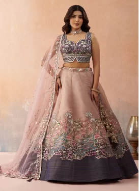 Net Designer Lehenga Choli with Embroidered Work in Salmon for Festival