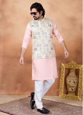 Art Silk Kurta Pajama With Jacket with Digital Print Work in Pink and White for Party