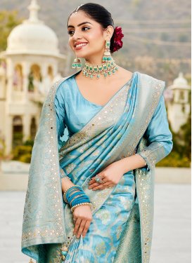 Swarovski Work Viscose Traditional Saree in Firozi for Women