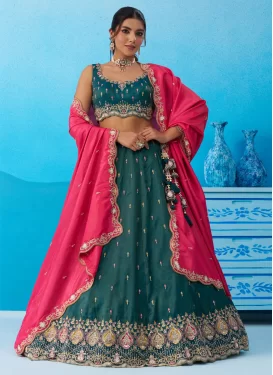 Silk Blend Trendy Lehenga Choli with Embroidered Work for Party in Teal