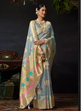 Woven Work Organza Trendy Saree in Grey for Women