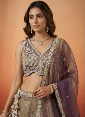Embroidered Work Tissue Trendy Lehenga Choli in Brown for Women
