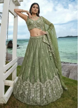 Chiffon Satin Trendy Lehenga Choli with Embroidered Work in Olive