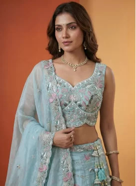 Organza Designer Lehenga Choli with Embroidered Work in Firozi