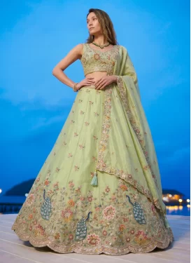 Embroidered Work Organza Trendy Lehenga Choli in Mint Green for Festival