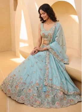 Organza Trendy Lehenga Choli with Embroidered Work in Firozi