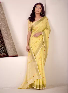 Linen Trendy Saree with Woven Work in Yellow