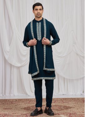 Teal Fancy Fabric Kurta Pajama With Jacket with Cutdana Work for Festival