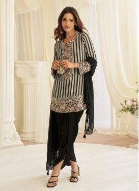 Embroidered Work Crepe Silk Readymade Salwar Suit in Black and Grey for Women