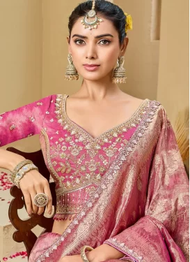 Hot Pink Tissue Cutdana Work Classic Saree for Women