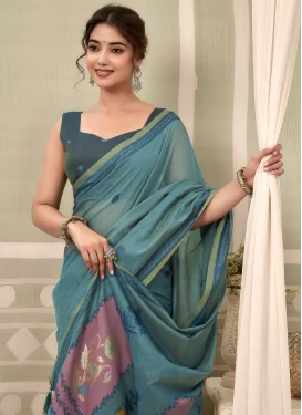 Woven Work Cotton Classic Saree in Teal for Women