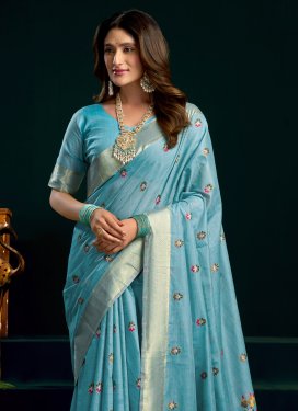 Woven Work Cotton Silk Trendy Saree in Light Blue for Women