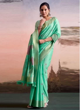 Linen Traditional Saree in Turquoise with Woven Work for Women