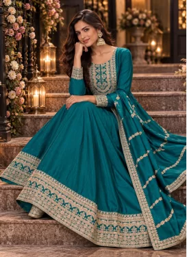 Silk Blend Trendy Gown with Embroidered Work for Women in Teal