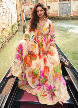 Chinon Designer Gown in Cream with Digital Print Work for Women