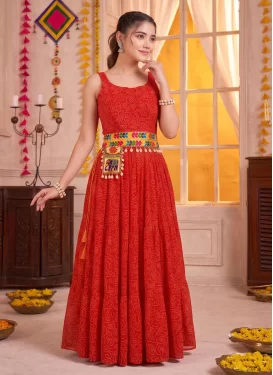 Bandhani Print Work Georgette Trendy Gown in Red for Party