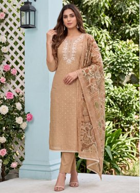 Cotton Silk Straight Suit with Embroidered Work for Ceremonial in Beige