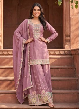 Chinon Palazzo Suit with Embroidered Work in Mauve Pink