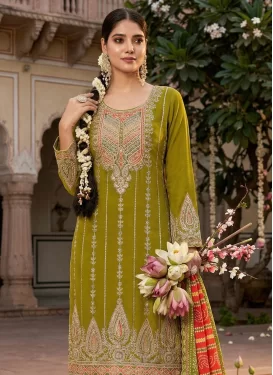 Embroidered Work Chinon Punjabi Salwar Suit in Olive for Festival