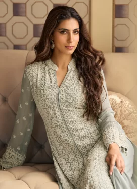 Georgette Readymade Salwar Suit with Cutdana Work for Party in Aqua Blue