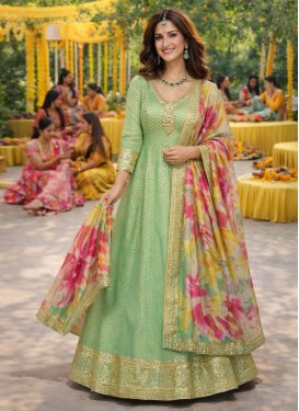 Mint Green Jacquard Silk Designer Gown with Embroidered Work for Festival