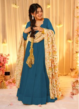 Silk Blend Trendy Gown with Digital Print Work in Teal