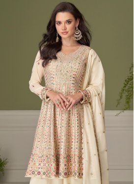 Embroidered Work Chinon Palazzo Suit in Cream for Women