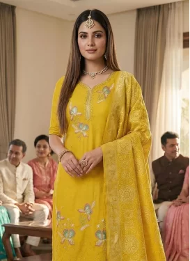 Georgette Straight Suit with Embroidered Work for Women in Yellow