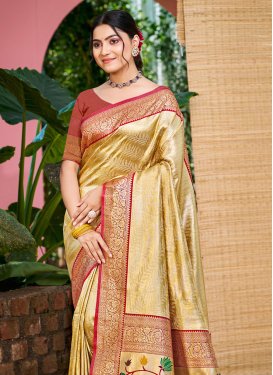 Kanjivaram Silk Traditional Saree with Woven Work for Women in Beige and Red