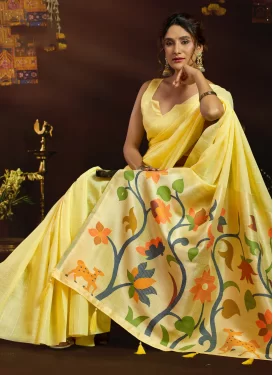 Cotton Silk Classic Saree with Woven Work for Women in Yellow