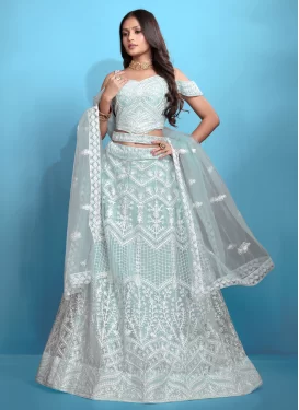 Net Designer Lehenga Choli with Embroidered Work for Festival in Firozi Net Designer Lehenga Choli with Embroidered Work for Festival in Firozi
