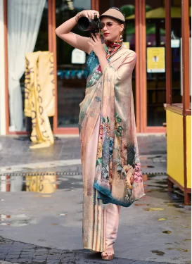 Satin Silk Trendy Saree in Beige with Digital Print Work for Ceremonial