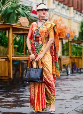 Satin Silk Digital Print Work Trendy Saree in Multi Colour