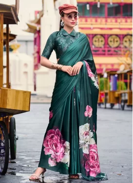Satin Silk Digital Print Work Trendy Saree in Teal