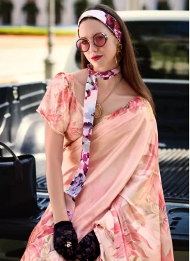 Satin Silk Classic Saree with Digital Print Work in Salmon