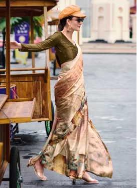 Satin Silk Classic Saree with Digital Print Work in Beige for Casual