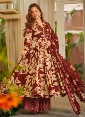 Maslin Readymade Salwar Suit with Digital Print Work for Women in Cream and Maroon