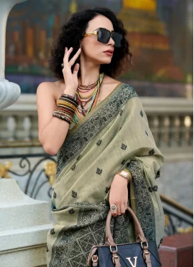 Woven Work Linen Traditional Saree in Off White for Women