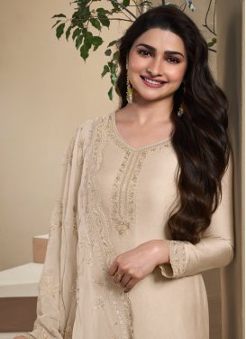 Prachi Desai Chinon Straight Suit with Embroidered Work for Party in Beige