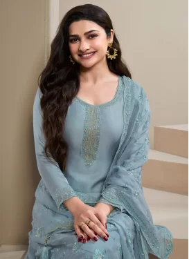 Prachi Desai Chinon Straight Suit with Embroidered Work for Party in Grey