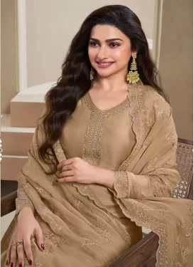 Prachi Desai Chinon Straight Suit with Embroidered Work for Ceremonial in Brown