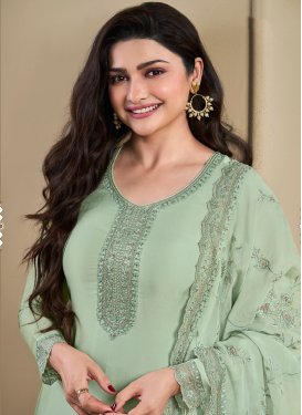 Prachi Desai Embroidered Work Chinon Straight Suit in Sea Green for Women