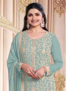 Prachi Desai Georgette Straight Suit with Embroidered Work for Festival in Aqua Blue