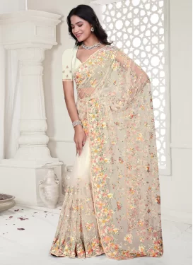 Net Classic Saree in Cream with Embroidered Work for Party